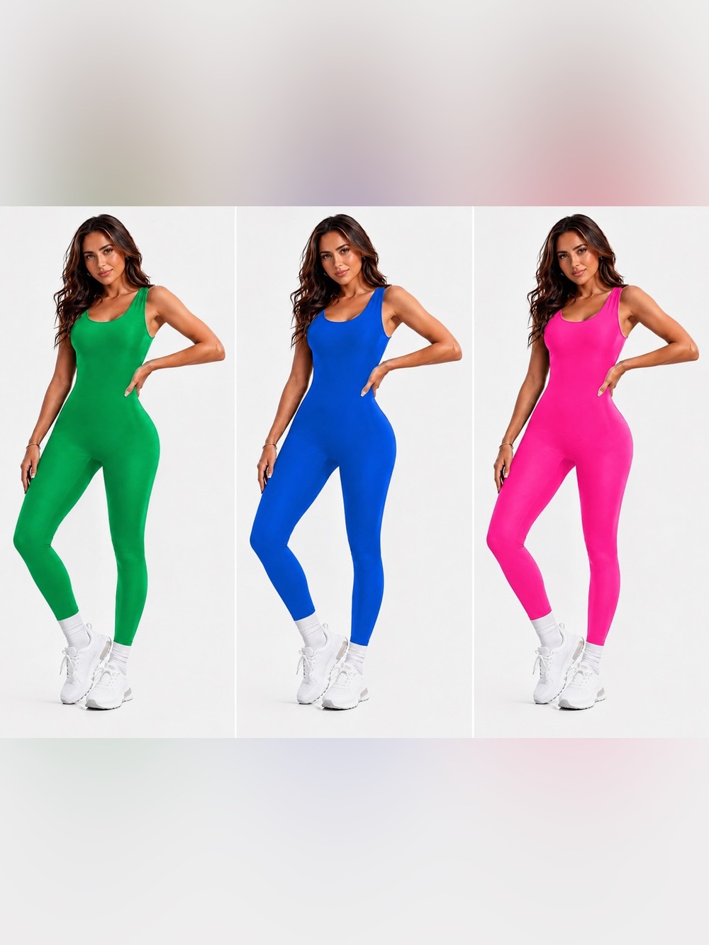 THREE Women’s Scoop-Neck Stretch Jumpsuit — Green, Blue, & Pink